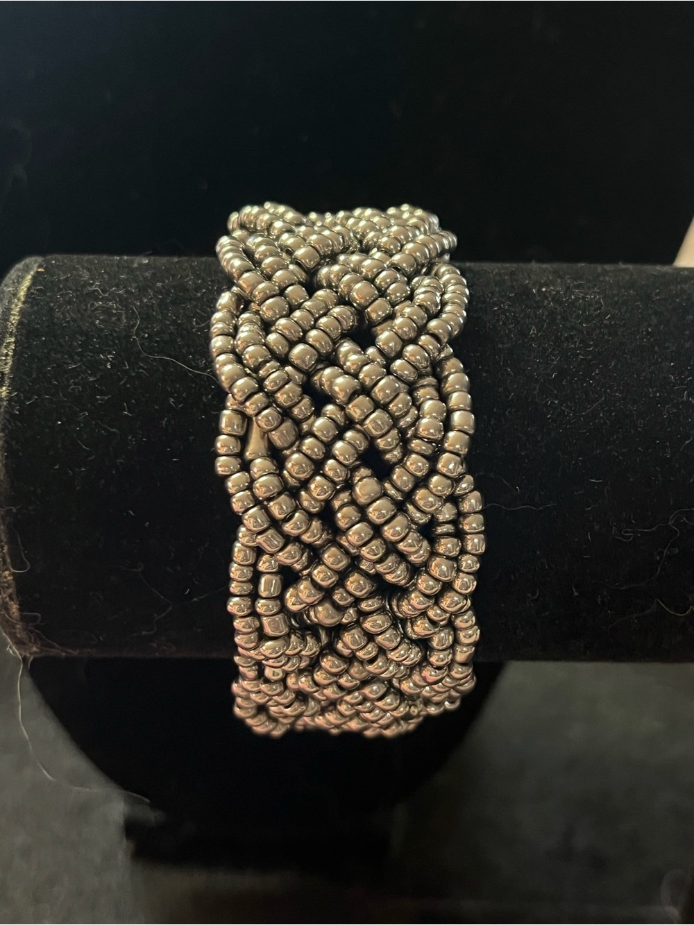 Wide Silver Tone Beaded Woven Braided Bracelet